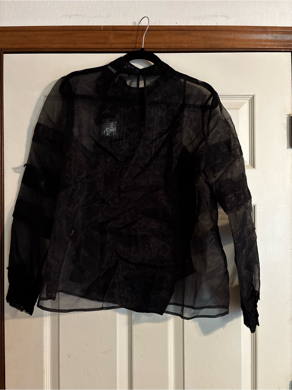 NWT White House Black Market Sheer Organza Lace Trim Blouse Sz 14 Black - Picture 2 of 9